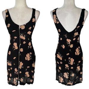 Reformation Black Floral Zipper Front V-Neck Mini Dress - S